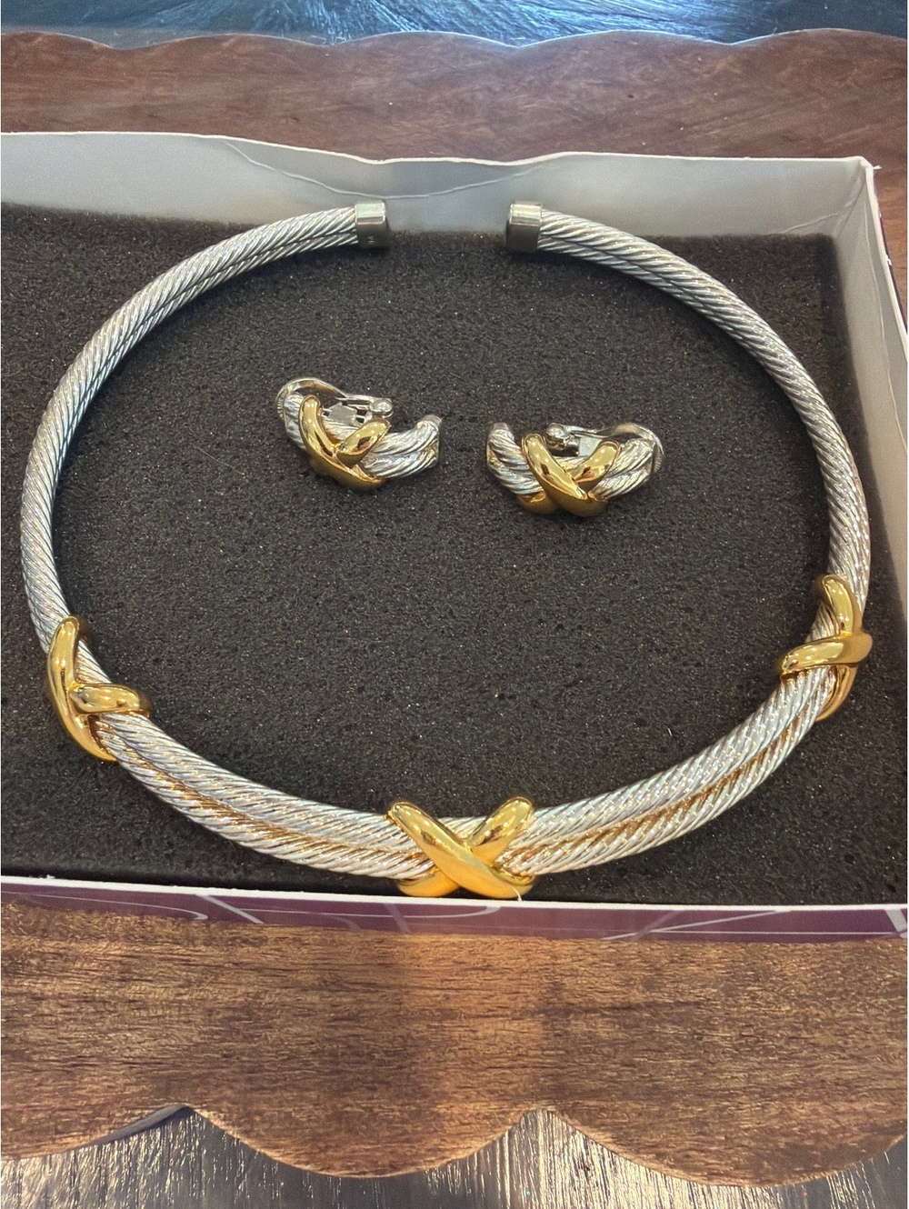 Two-Tone Silver and Gold Tone Cable Necklace and Clip-On Earrings Set